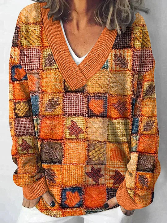 Damen V-Ausschnitt Pullover mit floralem Muster und lässigem Schnitt Drune