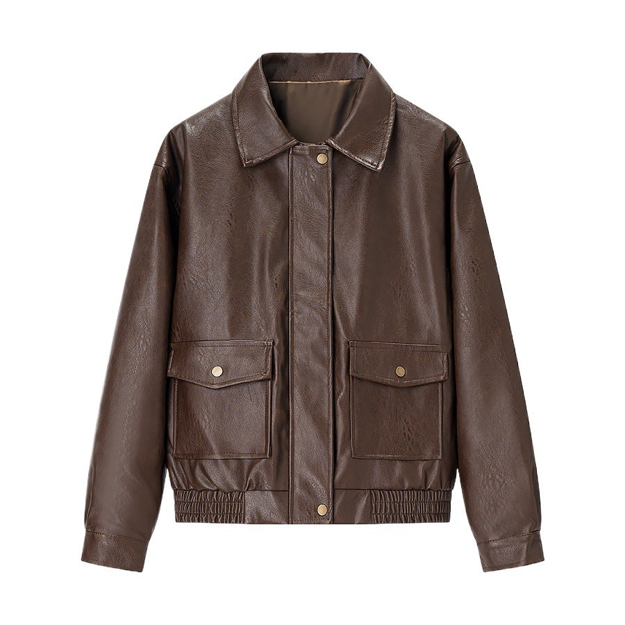 Damen modische Kunstlederjacke mit praktischen Pattentaschen und elastischem Saum Drune