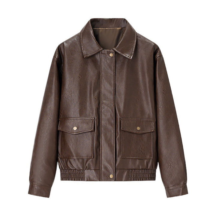 Damen modische Kunstlederjacke mit praktischen Pattentaschen und elastischem Saum Drune