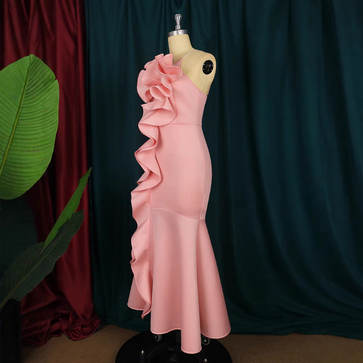 Damen elegantes Abendkleid mit asymmetrischen Rüschen Drune