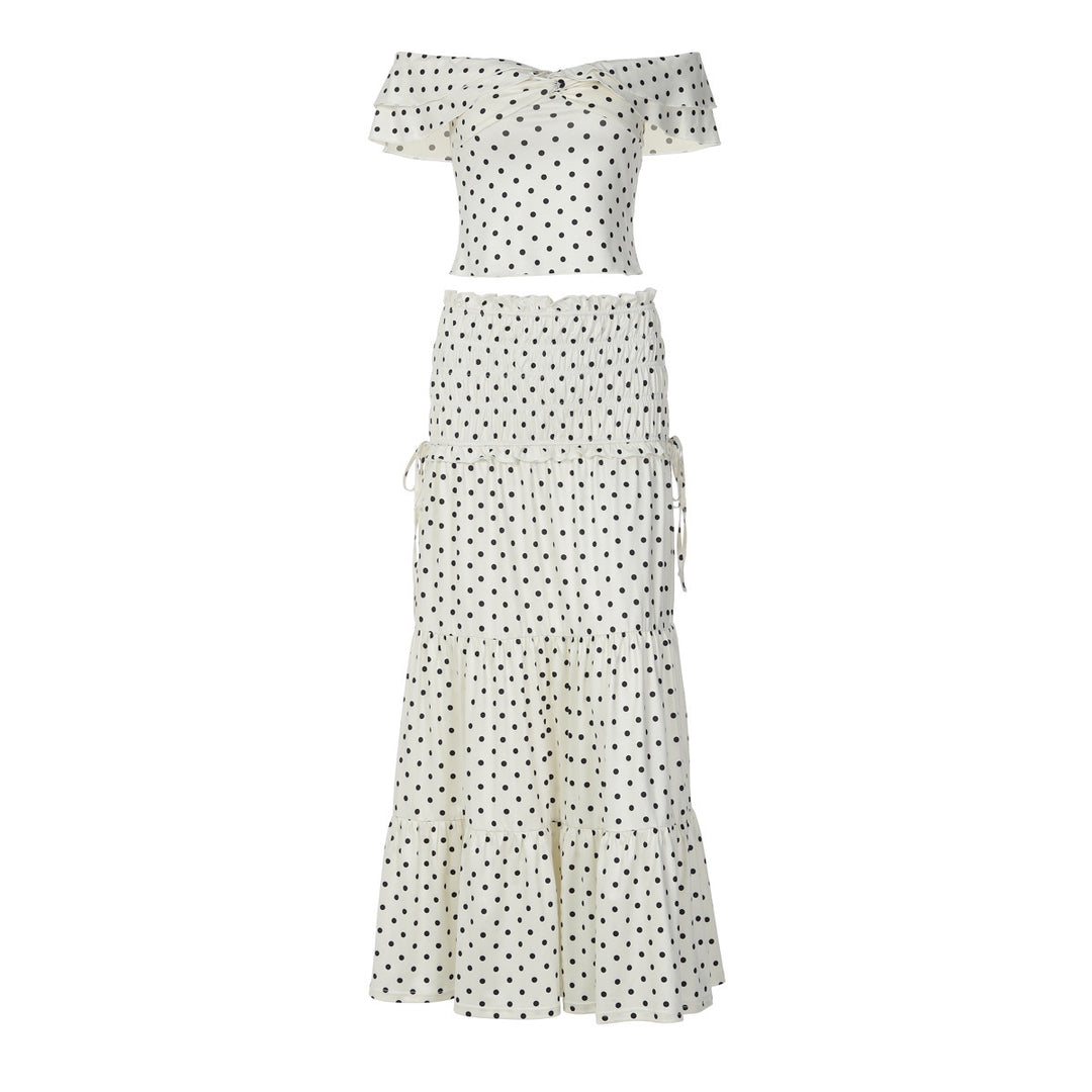 Damen Zweiteiliges Polka-Dots Set mit schulterfreiem Oberteil und schwingendem Rock Drune