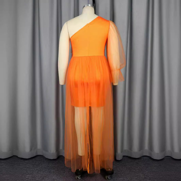 Damen elegantes One-Shoulder Kleid mit transparentem Tüllüberwurf Drune