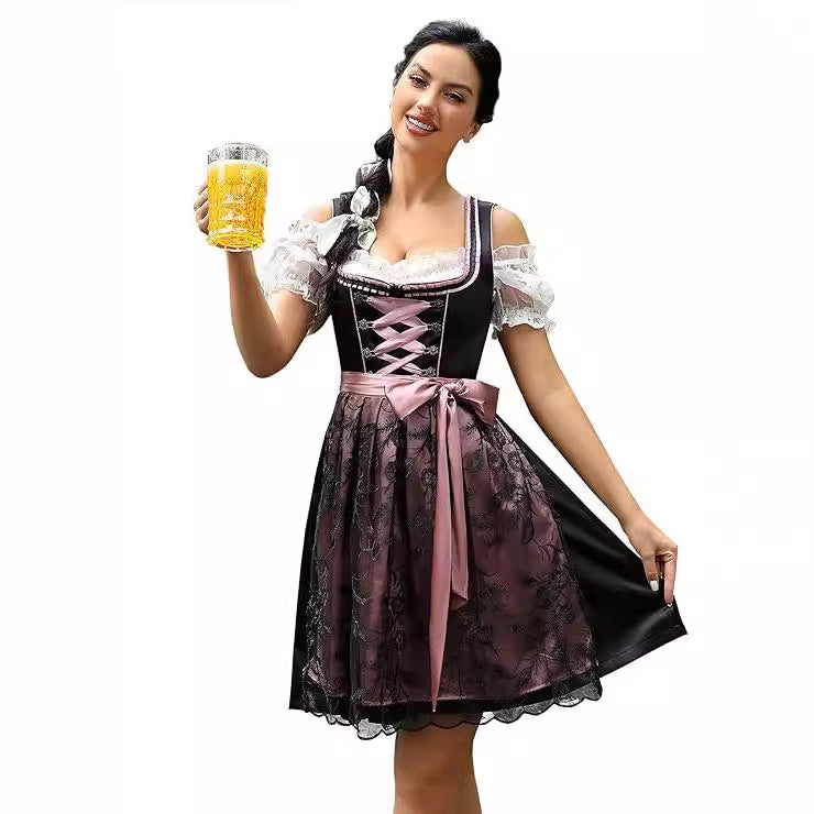 Damen nan klassisches Dirndlkleid mit geschnürtem Mieder, knielanger Trachtenrock und Satinschleife Drune
