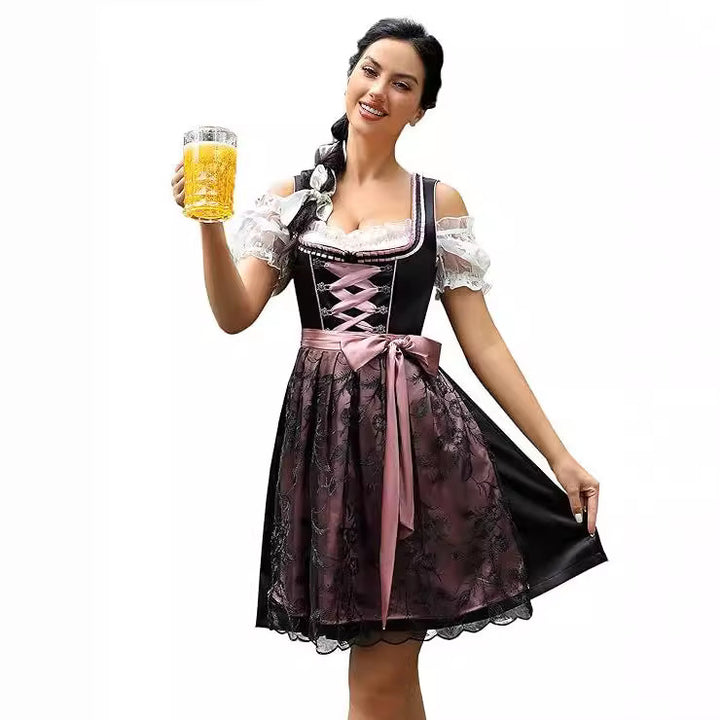 Damen nan klassisches Dirndlkleid mit geschnürtem Mieder, knielanger Trachtenrock und Satinschleife Drune