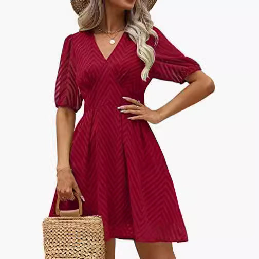 Damen Kleid mit gepufften ¾-Ärmeln und V-Ausschnitt Drune