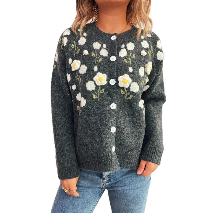 Damen Strickjacke mit floralem Design und Knopfverschluss Drune