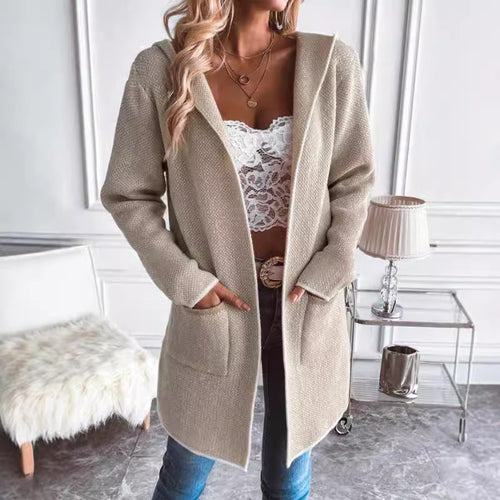 Damen Modische Strickjacke mit Kapuze und aufgesetzten Taschen Drune