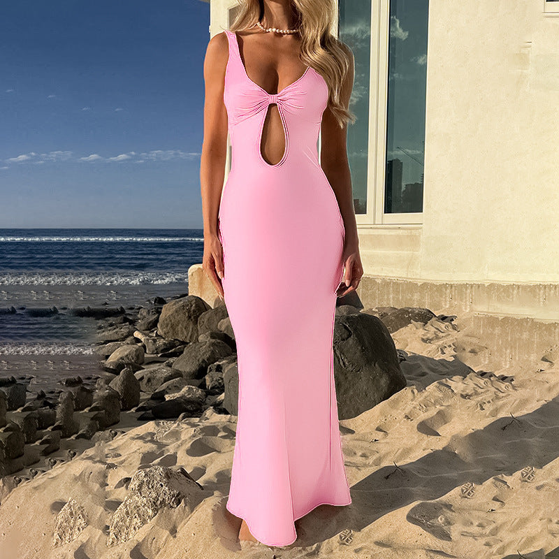 Damen figurbetontes Maxikleid mit tiefem V-Ausschnitt und Cut-Out Drune
