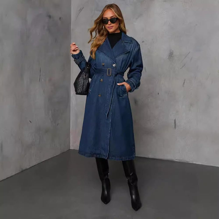 Drune | Langer Denim-Trenchcoat - Klassisch & Zeitlos - Mit Knöpfen - Lässige Herbst-Oberbekleidung