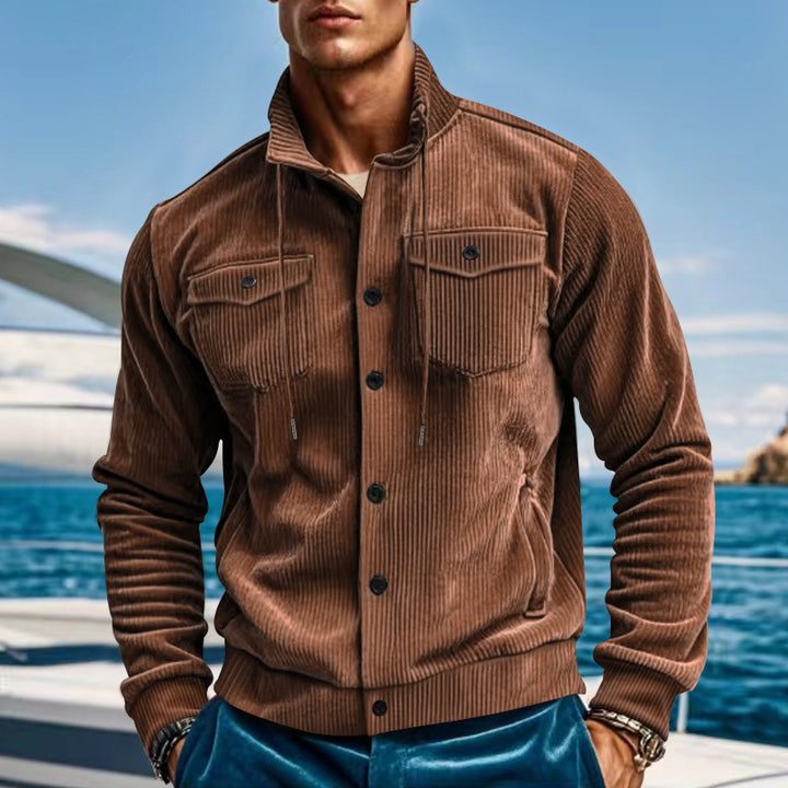 Herren nan lässige fein gerippte Cordjacke mit Stehkragen, Brusttaschen und elastischem Saum Drune