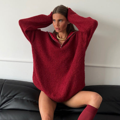 Damen Oversized Fleece-Pullover mit hohem Kragen und Reißverschluss Drune