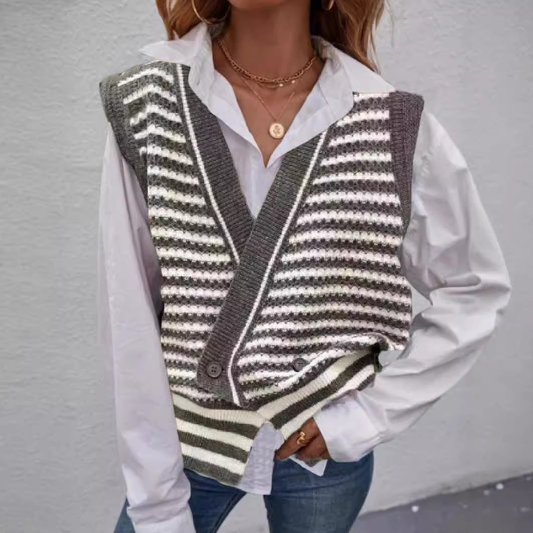 Damen Strickweste mit modischem Streifenmuster und doppeltem Knopfverschluss Drune