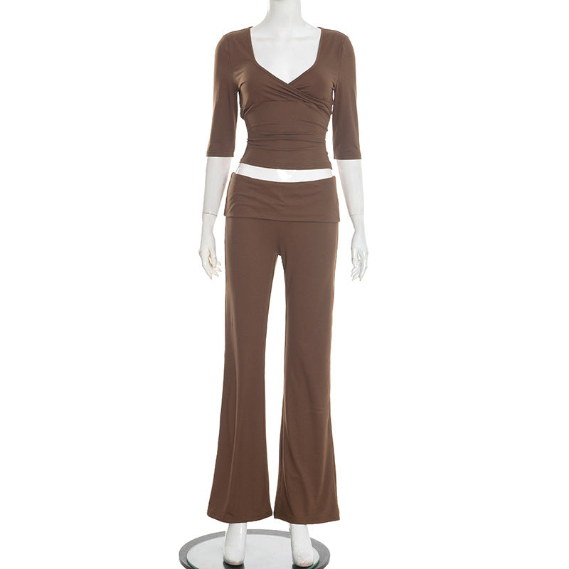 Damen lässiges Set aus elegantem Oberteil und fließenden Schlaghosen Drune