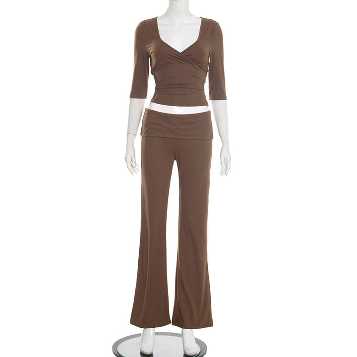 Damen lässiges Set aus elegantem Oberteil und fließenden Schlaghosen Drune