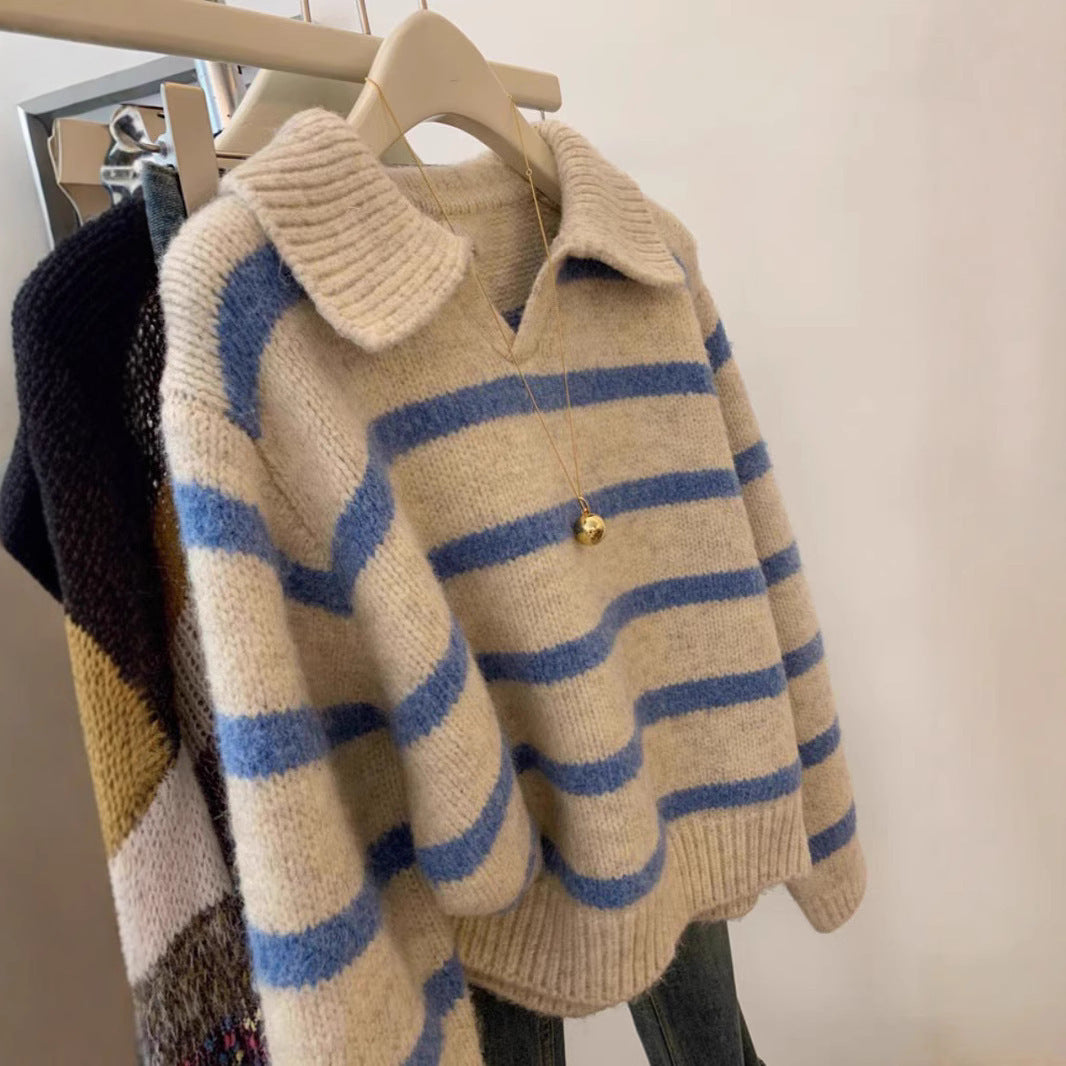 Damen Strickpullover mit V-Ausschnitt und strukturiertem Streifenmuster Drune