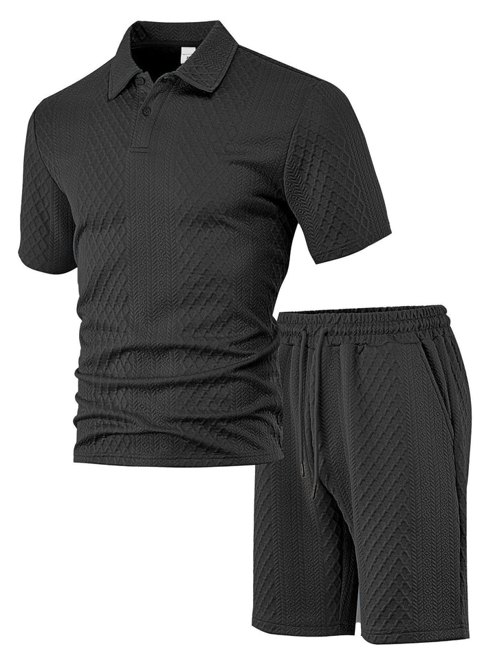 Herren nan geprägtes Waffel-Polo mit Kentkragen und elastischer Tunnelzugshorts im Set Drune