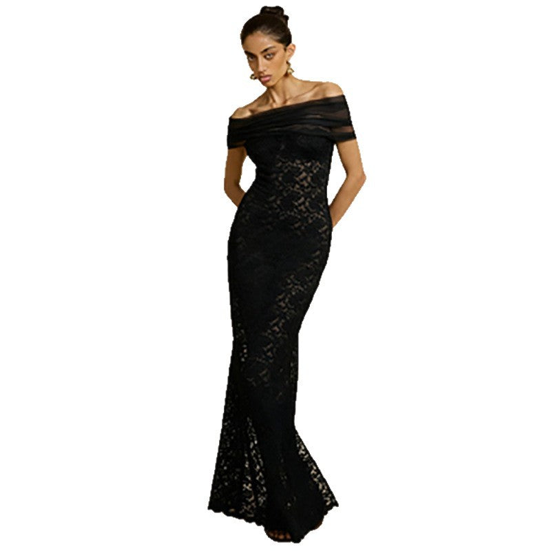 Damen Spitzen-Maxikleid mit schulterfreiem Design und elegantem Drapierungseffekt Drune