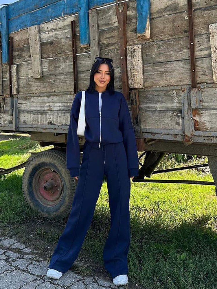 Damen nan Oversize Reißverschlussjacke mit weiter High-Waist Loungehose Set Drune