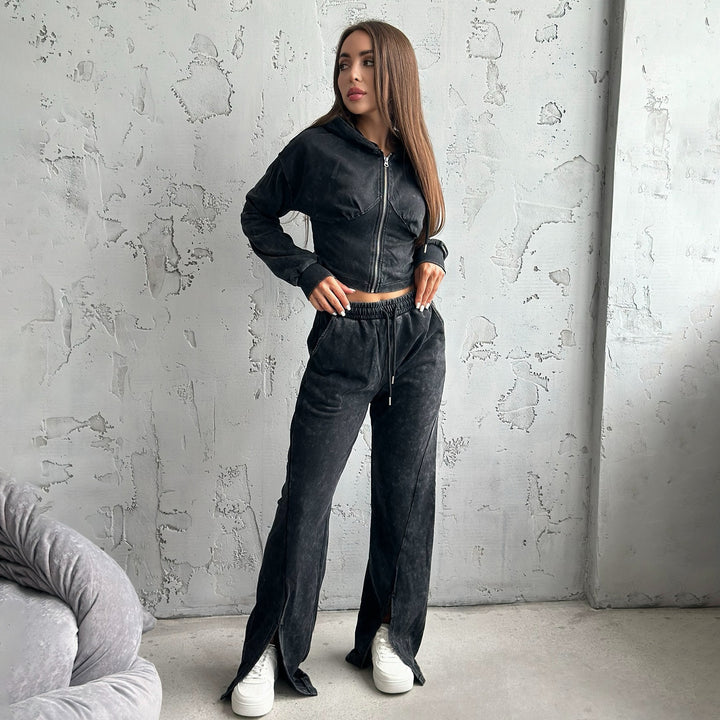 Damen Sportliches Freizeit-Set mit cropped Jacke und weiter Hose Drune