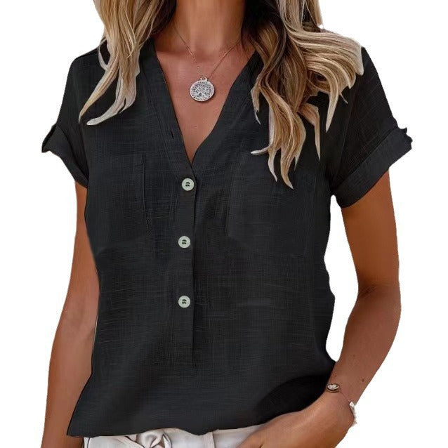 Damen Kurzarm Bluse mit Knopfleiste und Brusttaschen Drune