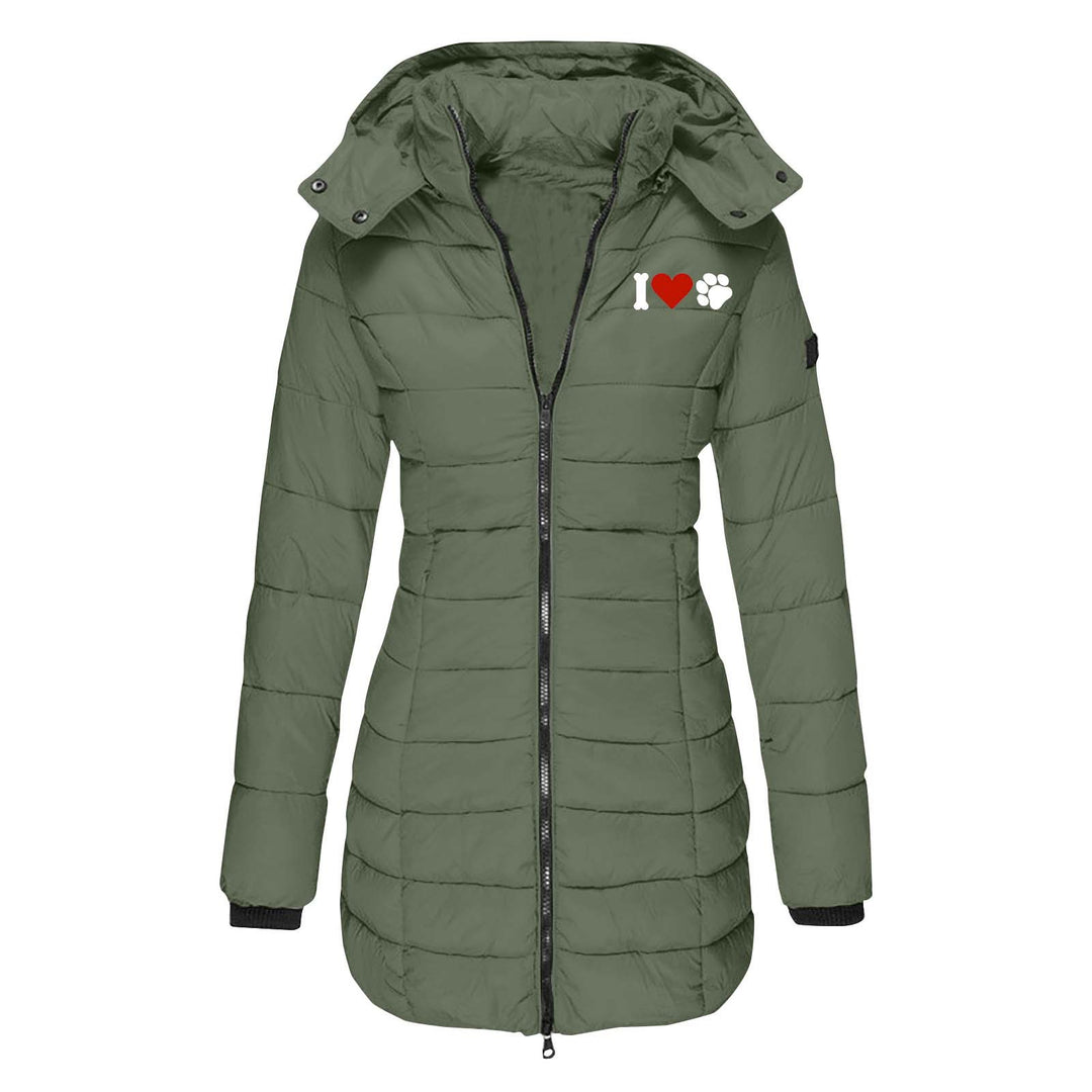 Damen nan gesteppte Steppjacke mit Kapuze, taillierter Silhouette und Herz-Pfoten-Print Drune