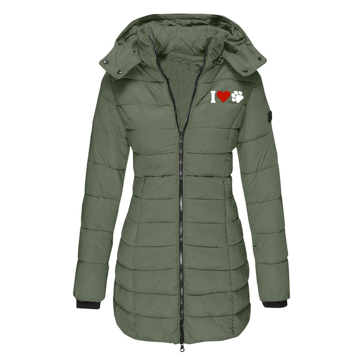 Damen nan gesteppte Steppjacke mit Kapuze, taillierter Silhouette und Herz-Pfoten-Print Drune