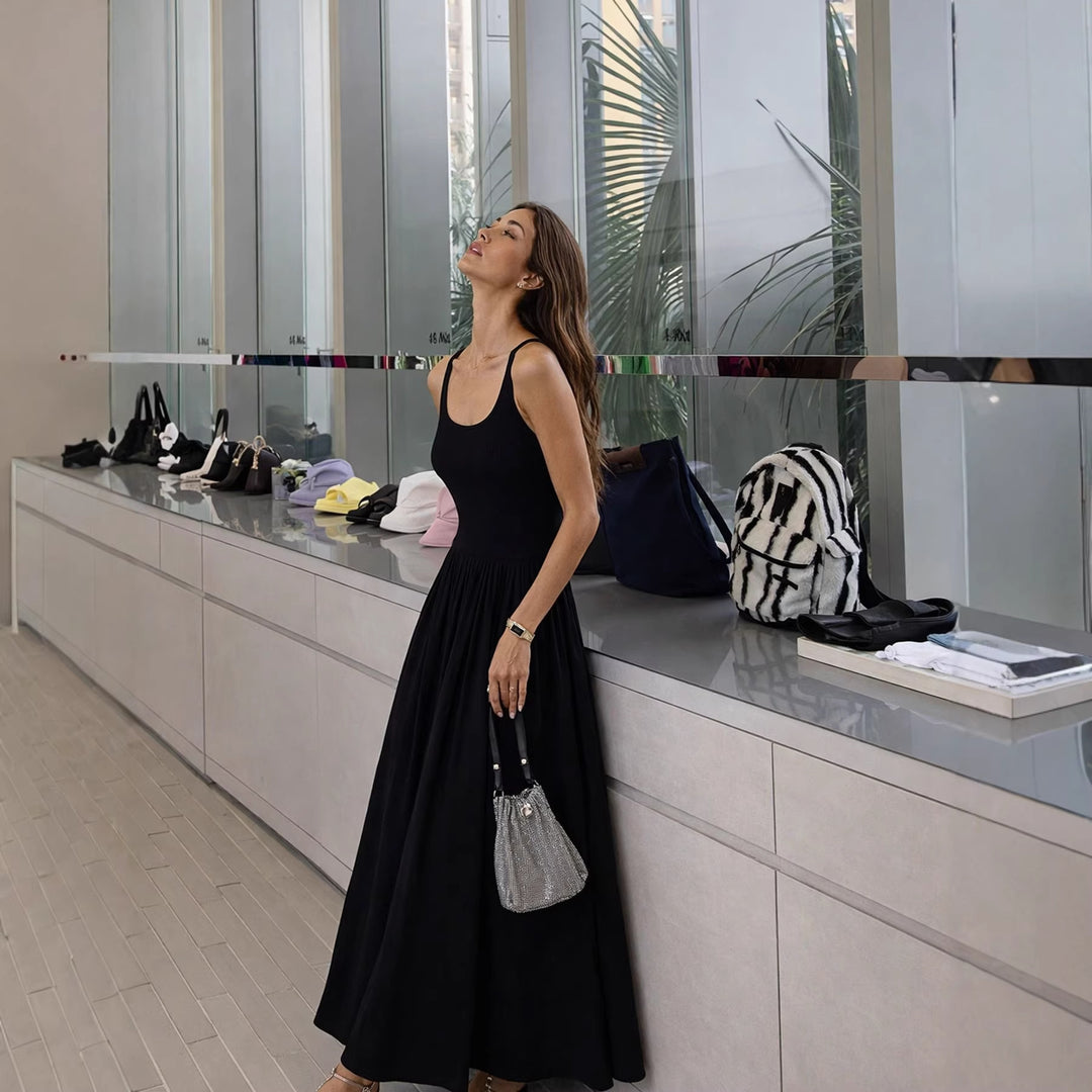 Damen Elegantes Maxikleid mit spaghetti Trägern und fließendem Rock Drune