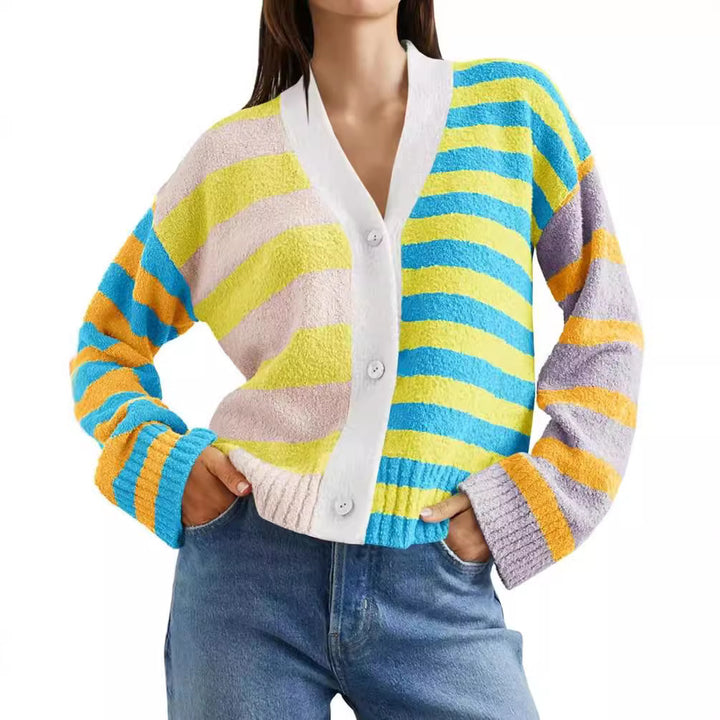 Damen Gemusterte Strickjacke mit farbenfrohem Streifenmuster und Knopfdetails Drune
