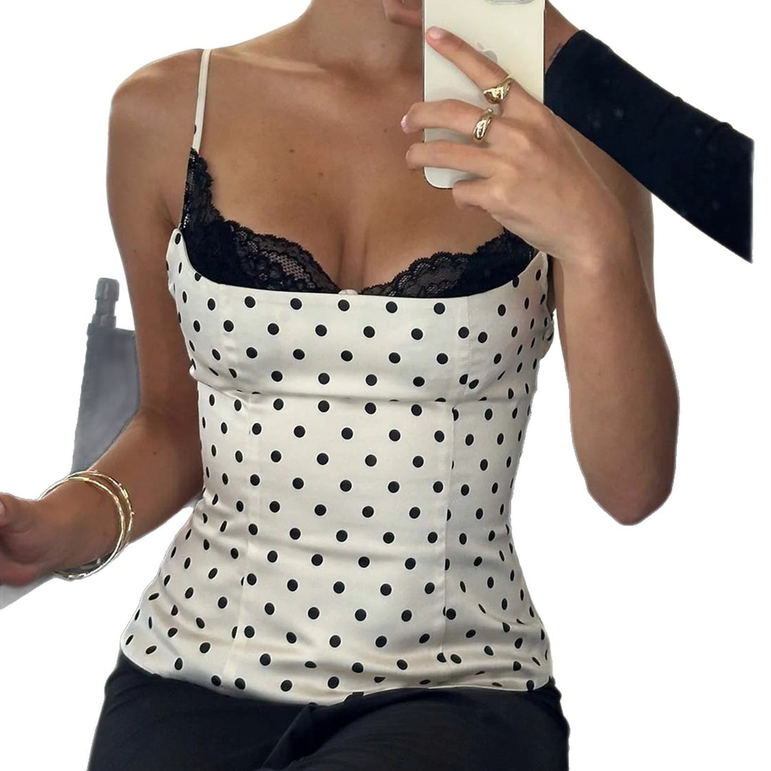 Damen Spaghettiträgeroberteil mit Spitzenbesatz und gepunktetem Design Drune