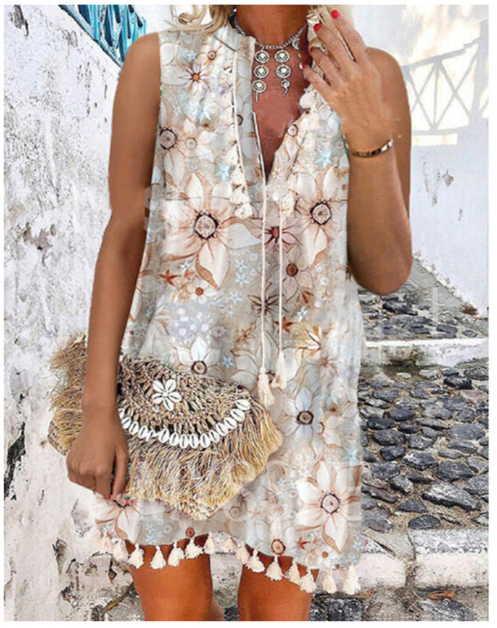 Drune | Bedrucktes Fransen Ärmelloses Sexy V-Ausschnitt Kleid