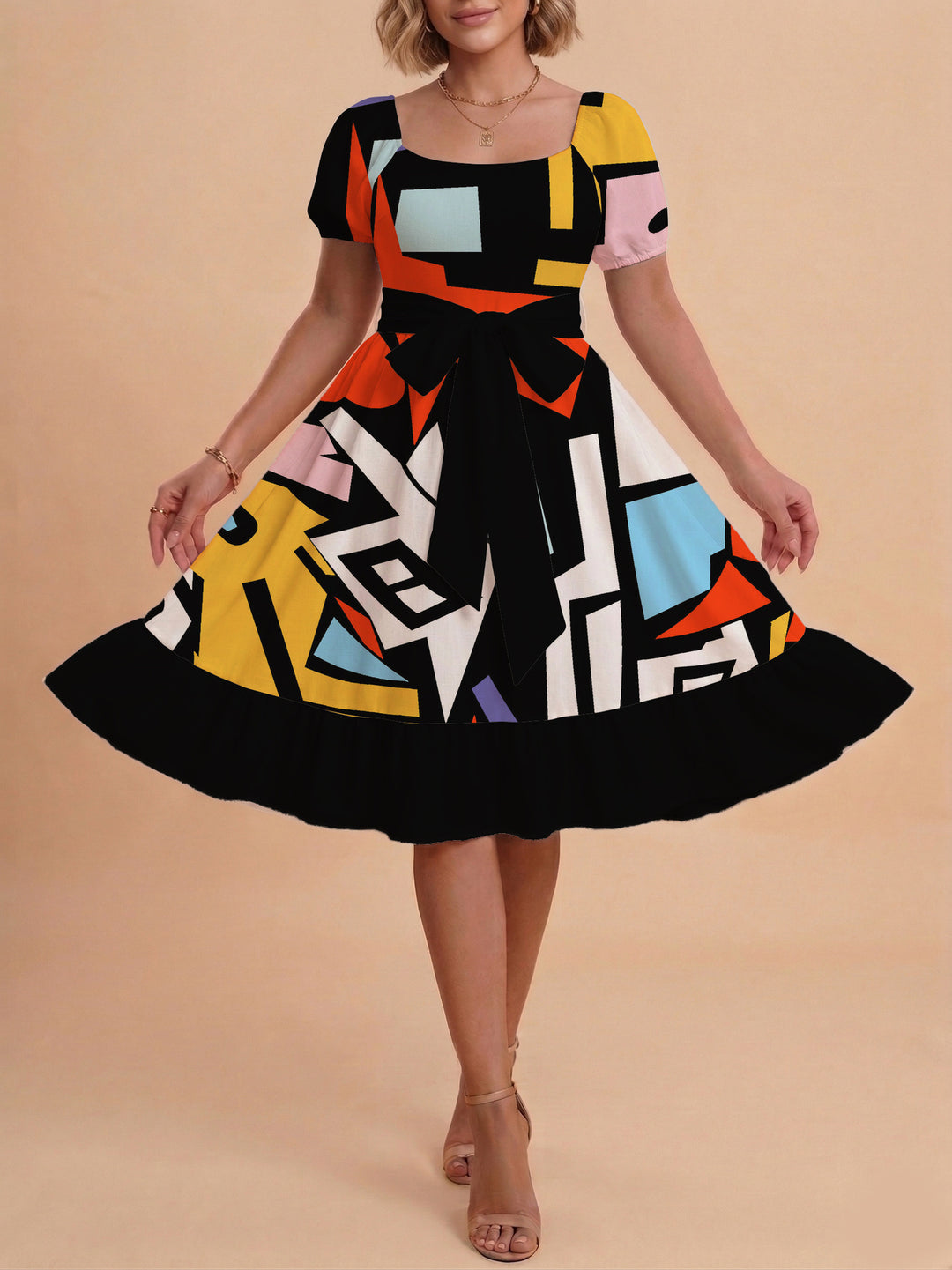 Damen schickes Glitzerkleid mit tailliertem Schnitt und Rüschensaum Drune