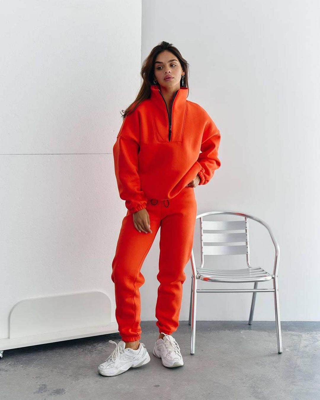 Damen Sportlicher Fleece-Traininganzug mit halbem Reißverschluss und elastischen Bündchen Drune