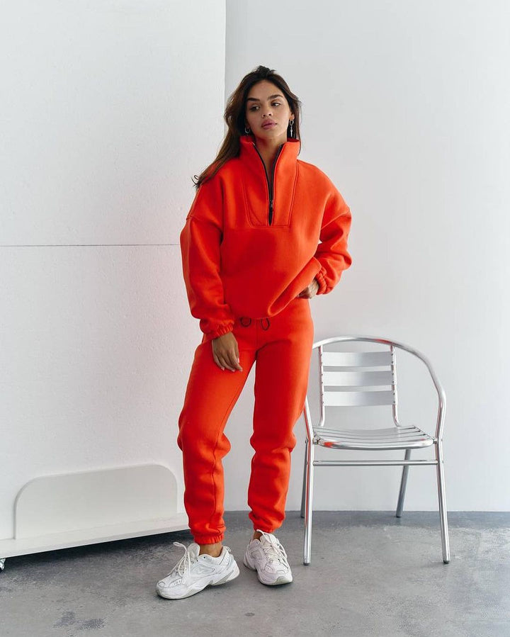 Damen Sportlicher Fleece-Traininganzug mit halbem Reißverschluss und elastischen Bündchen Drune