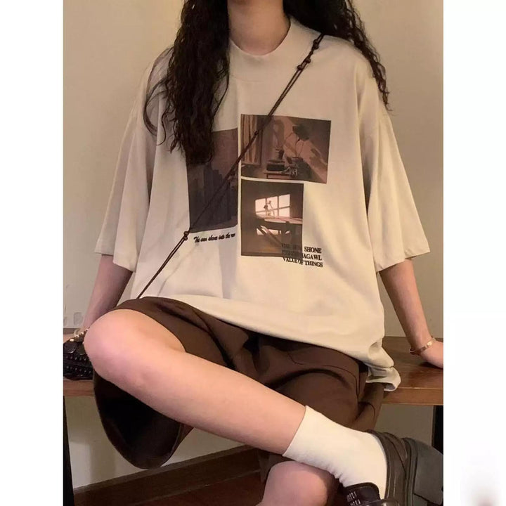 Damen modisches Kurzarm-T-Shirt mit kreativem Fotodruck und lockerer Passform Drune