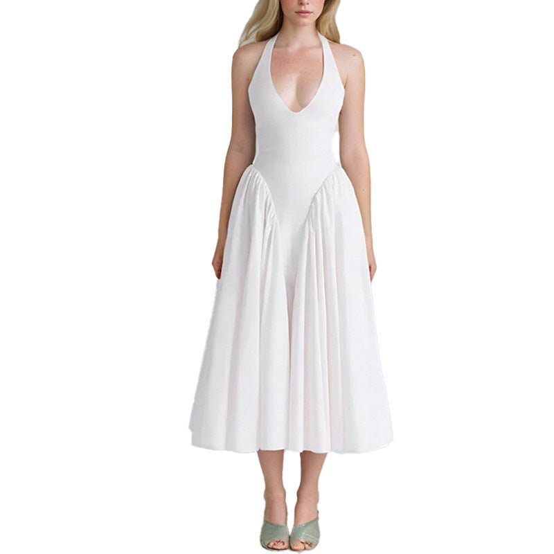 Damen Maxikleid mit tiefem V-Ausschnitt und fließendem Rock Drune
