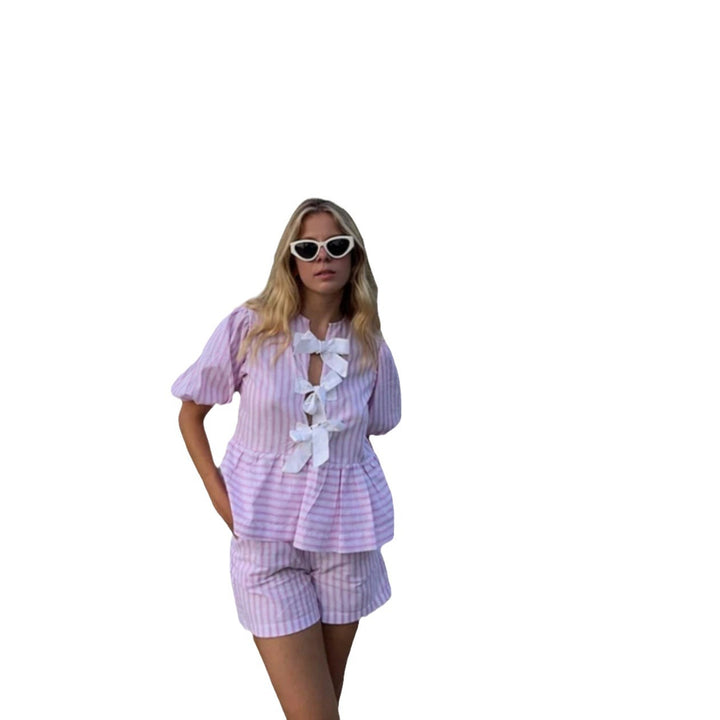 Damen Freizeit Set mit gestreiftem Oberteil und Shorts im lässigen Schnitt Drune