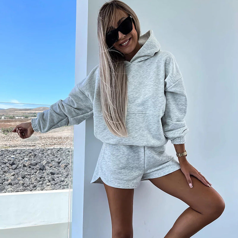 Damen lässiges Kapuzenoberteil und Shorts-Set Drune