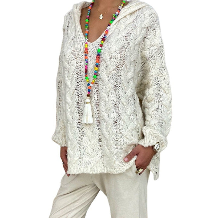 Damen nan oversized Kapuzenpullover mit Zopfmuster, tiefem V-Ausschnitt und seitlichen Schlitzen Drune