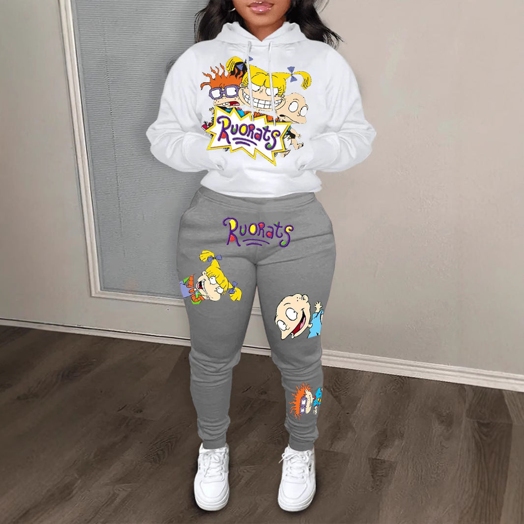 Damen Hoodie und Jogginghose Set mit farbenfrohen Cartoon-Motiven Drune