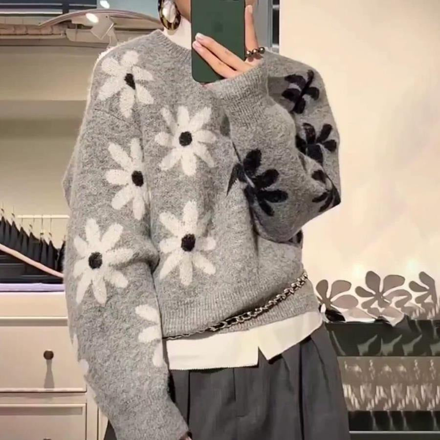Damen Strickpullover mit floralem Motiv und lässigem Schnitt Drune