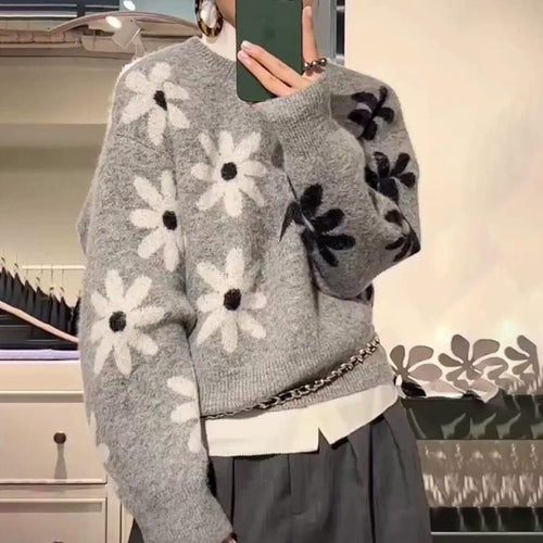 Damen Strickpullover mit floralem Motiv und lässigem Schnitt Drune