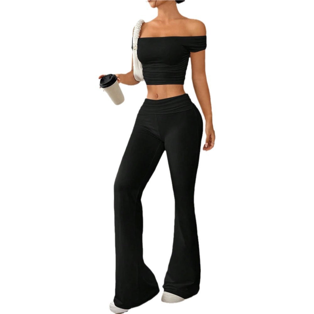 Damen lässiges Crop-Top und High-Waist-Hosen Set Drune