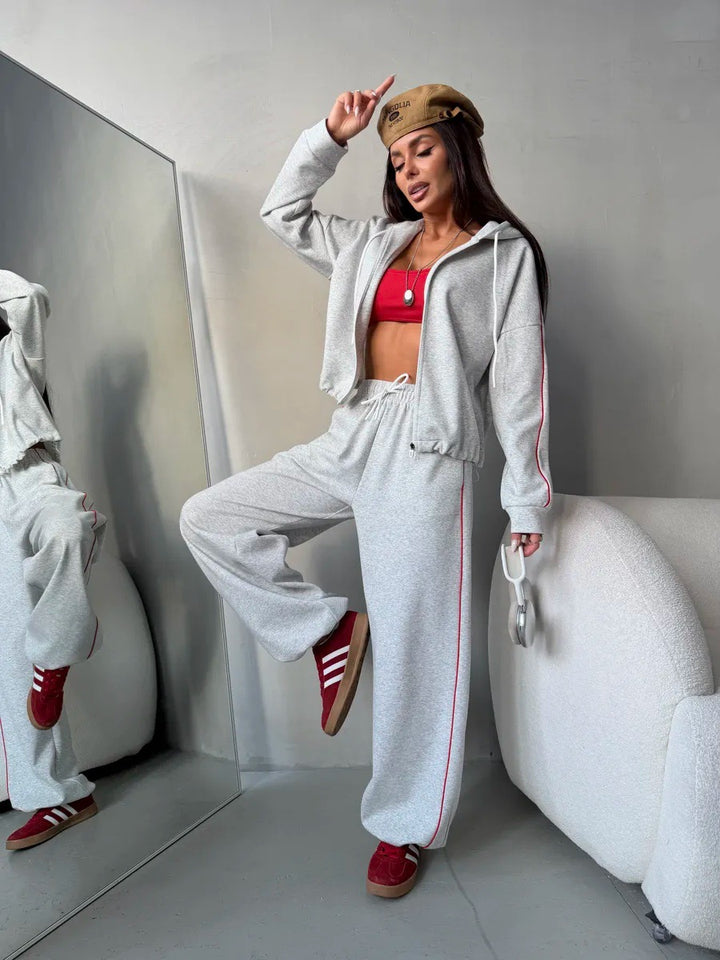Damen sportlicher Kapuzenanzug mit weitem Schnitt und dekorativen Paspeldetails Drune
