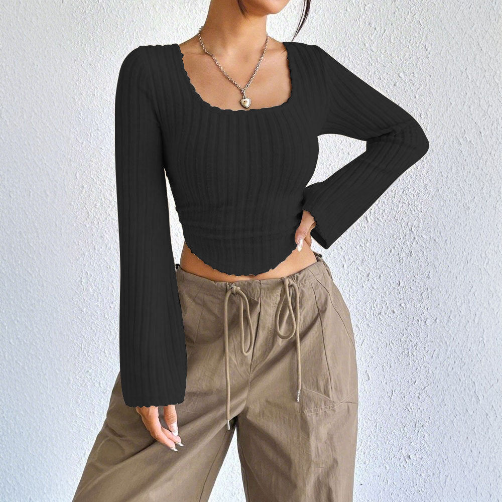 Damen Langarm-Crop-Top mit dekorativem Rippdesign und abgerundetem Saum Drune