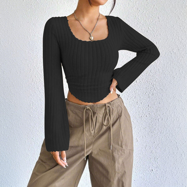 Damen Langarm-Crop-Top mit dekorativem Rippdesign und abgerundetem Saum Drune