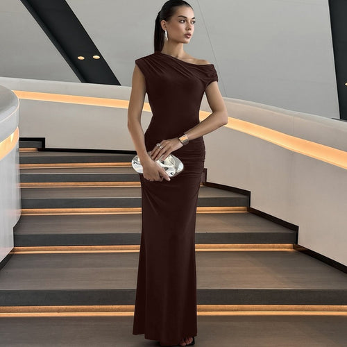Damen Elegantes Wickel-Maxikleid mit asymmetrischer Schulterpartie Drune