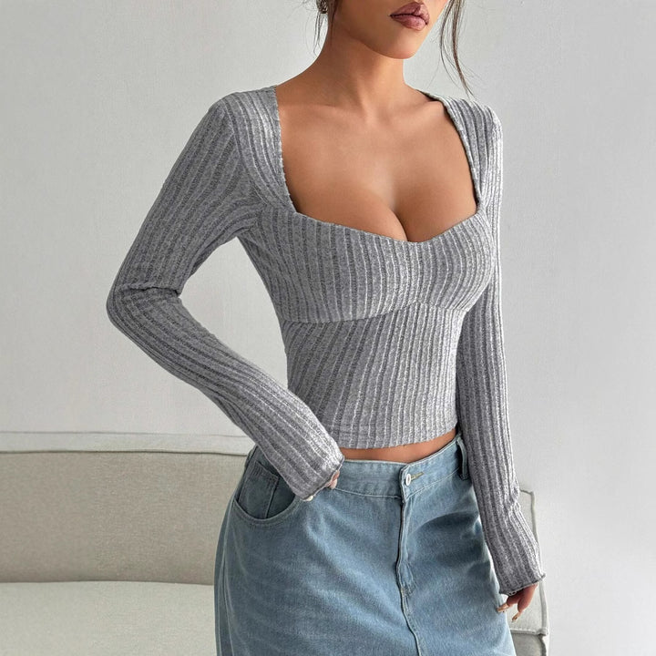 Damen Langarm Crop-Top mit tiefem V-Ausschnitt und Rippstruktur Drune