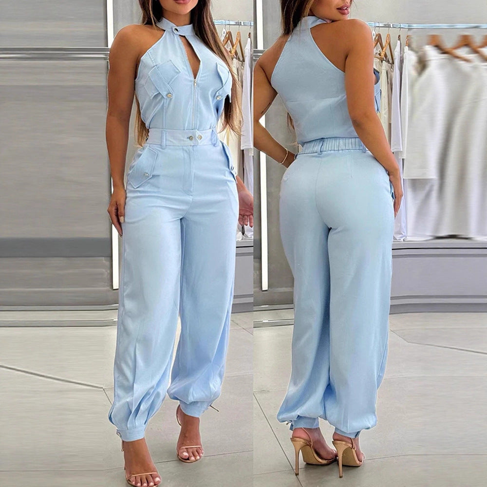 Damen modischer einteiliger Overall mit hohem Kragen und praktischen Taschen Drune
