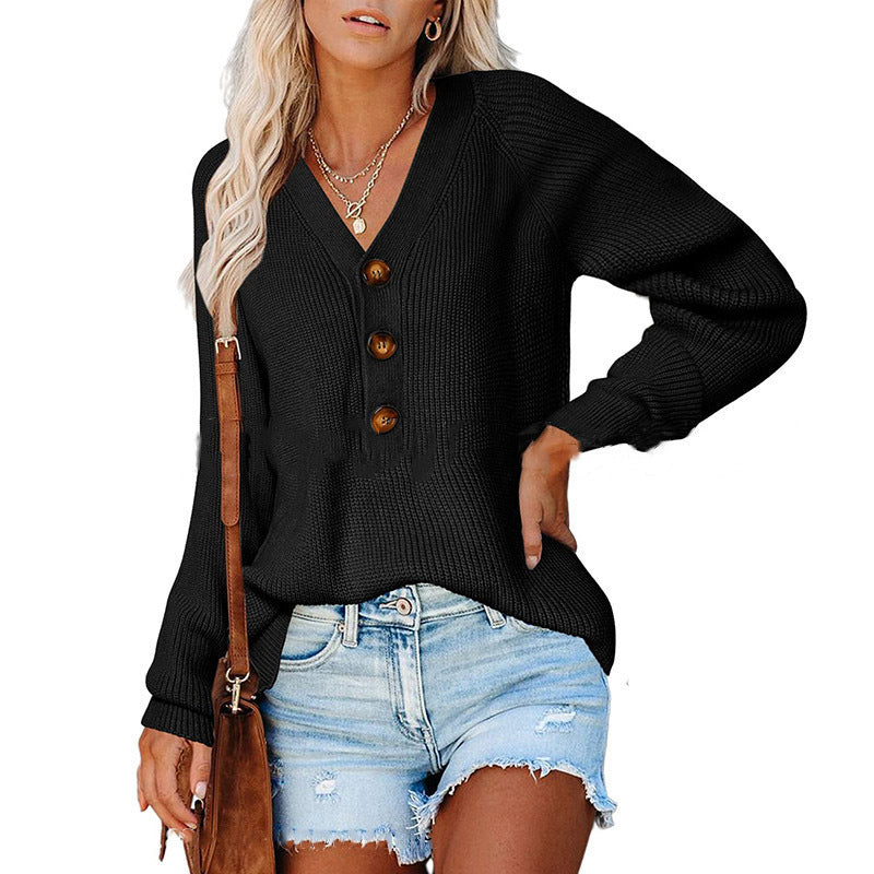 Damen lässiger Strickpullover mit Knopfdetail und V-Ausschnitt Drune