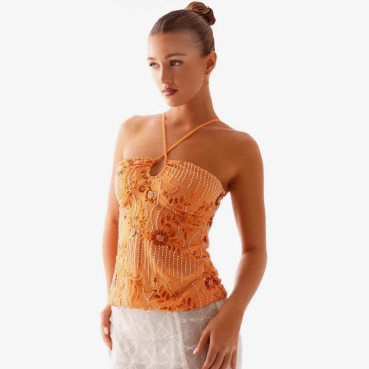 Damen Glitzerndes Bustier-Oberteil mit floralem Design und funkelnden Applikationen Drune